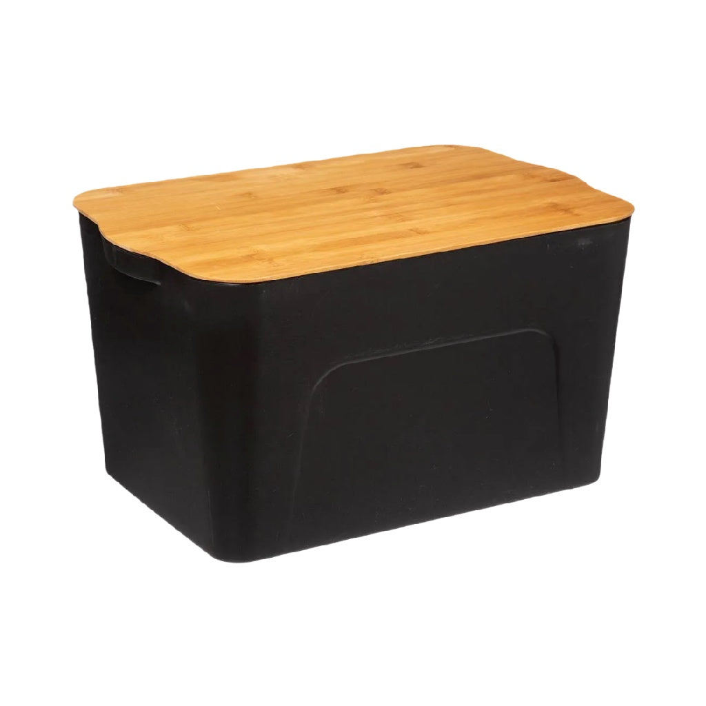 Caja de Almacenamiento de Plástico con Tapa de Bambú, Color Negro